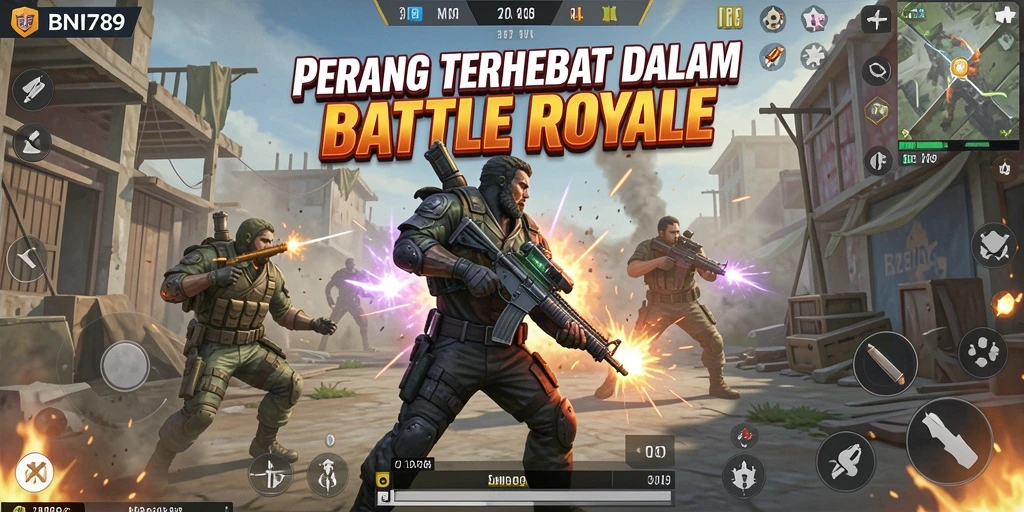 Tangkapan layar utama memperlihatkan aksi intens dalam pertempuran Battle Royale.