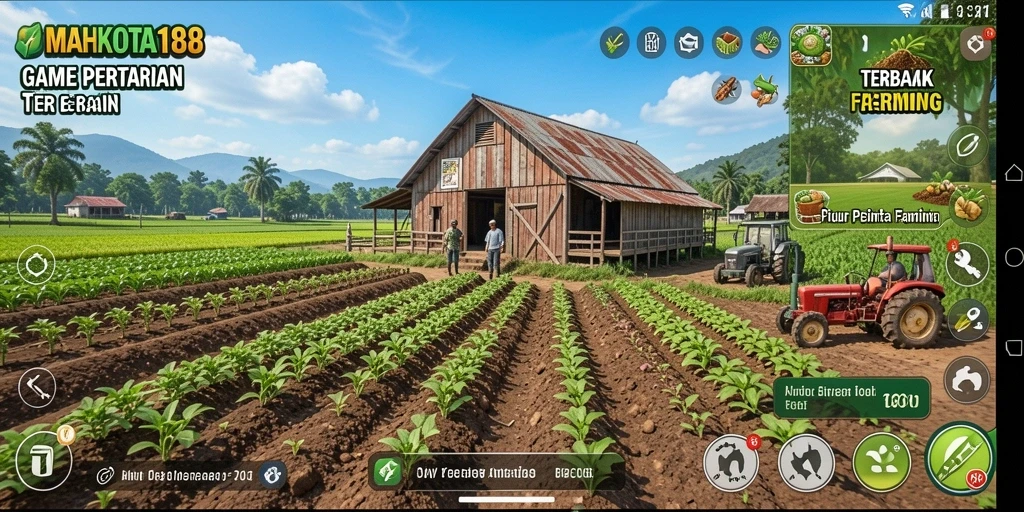 Tampilan gameplay MAHKOTA188 dengan ladang hijau dan hewan peliharaan.