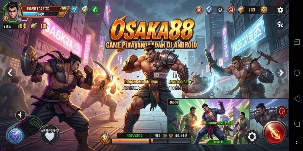 Tangkapan layar gameplay OSAKA88 menampilkan pertarungan seru dengan karakter unik.