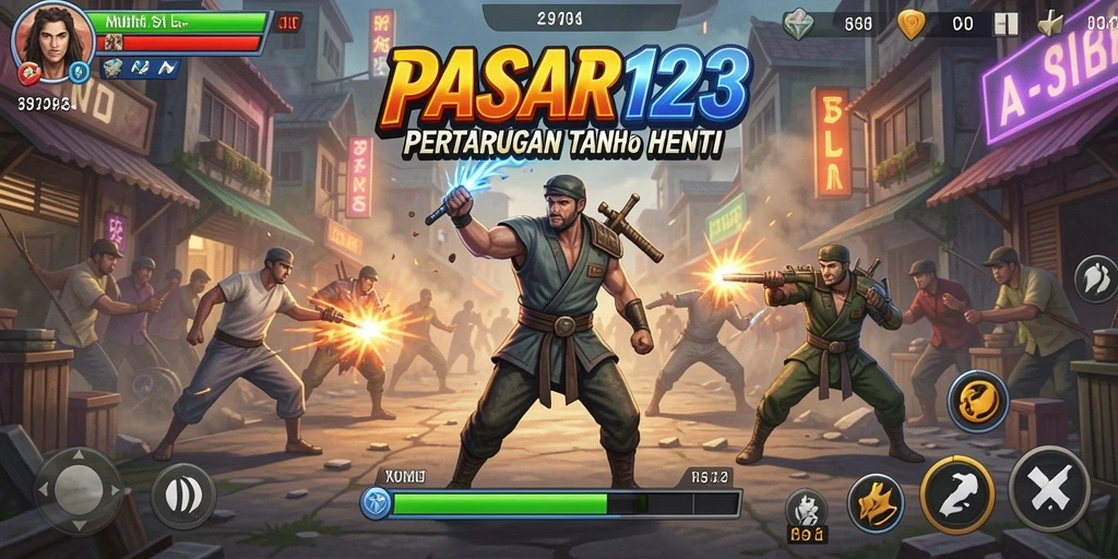 Tampilan layar permainan PASAR123 dengan karakter bertarung yang dinamis.