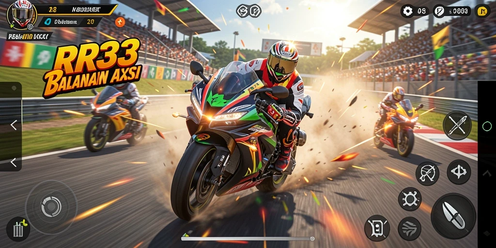 Screenshot gameplay RR33 menampilkan aksi balapan motor yang mendebarkan.