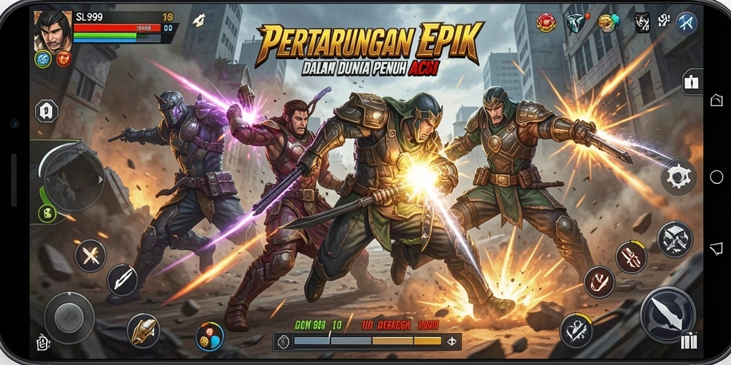 Tampilan seru gameplay SL999 dengan karakter bertarung di arena.